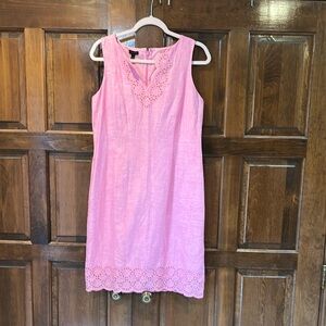 Talbots EMBROIDERED SHIFT DRESS Pink Preppy Vacation Linen Size 6